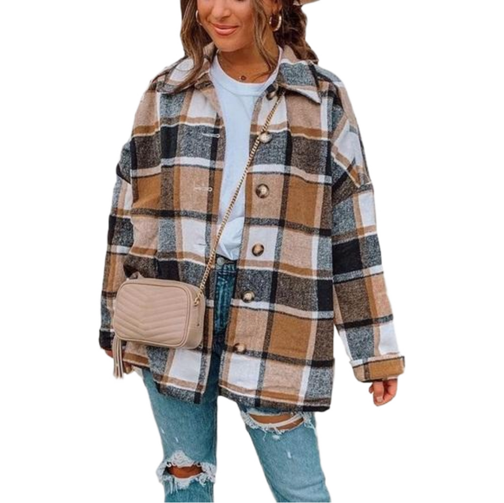 Womens Casual Plaid Shacket Wool Blend Button Down Long Sleeve Fall Jacket L